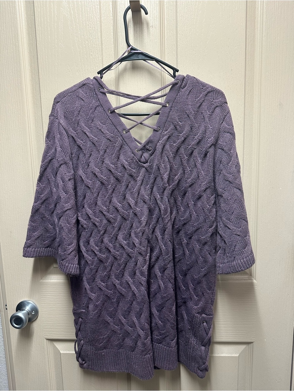 Simply Noelle Lavender Cable Knit Lace-Up V-Neck Sweater